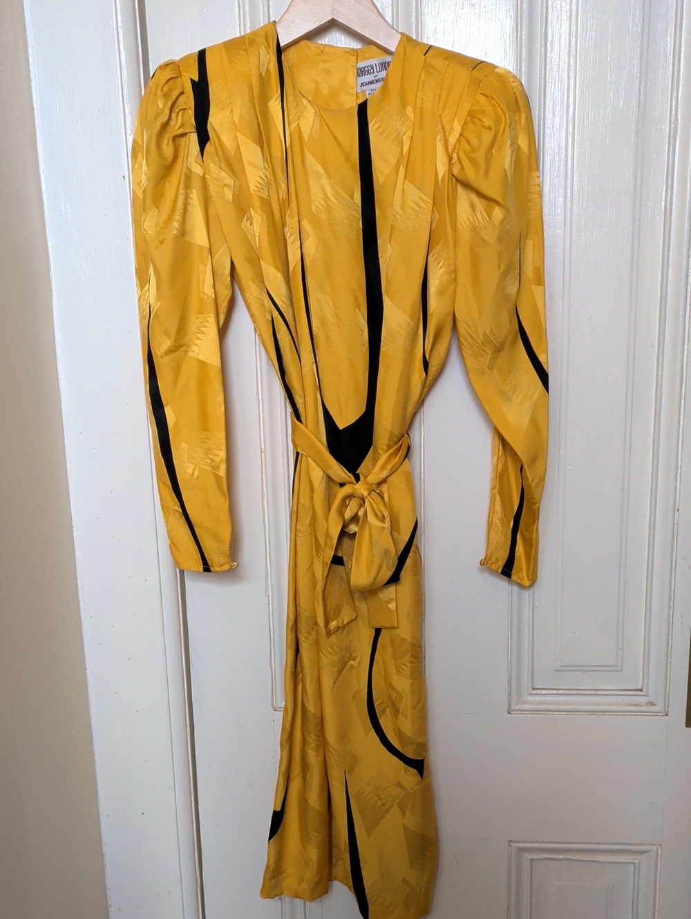 Maggy London Yellow and Black Long Sleeve Tie-Waist Vintage Silk Dress